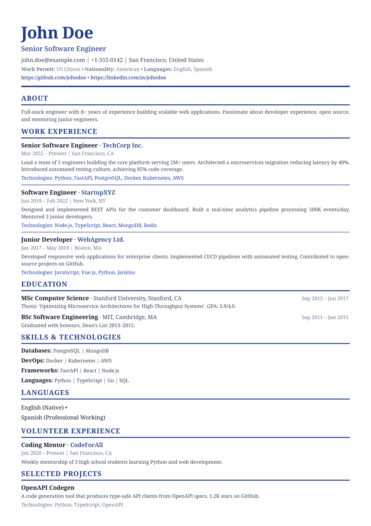 Example CV rendered from a profile